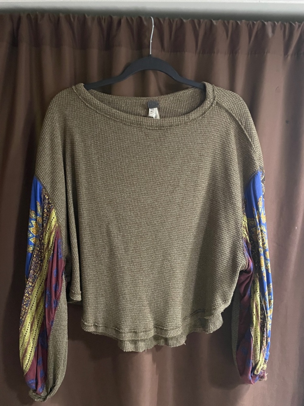We The Free Olive Green Waffle Knit Pullover with Patterned Balloon Sleeves